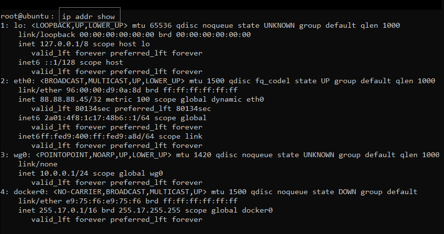 Linux terminal showing ip addr show command results with private IP address, highlighting inet line for network configuration.