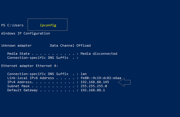 Windows Command Prompt showing ipconfig results with private IP address, highlighting IPv4 address for easy identification.