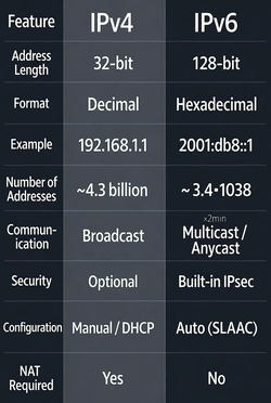 Comparison of IPv4 and IPv6 address formats, showing structure and differences.